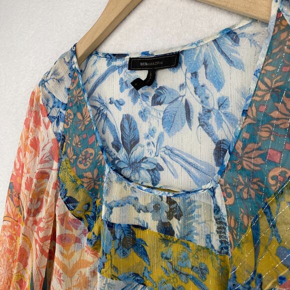 BCBGMAXAZRIA Top S Silk Sheer Floral Metallic Striped Long Sleeve Blue Orange - Picture 2 of 11